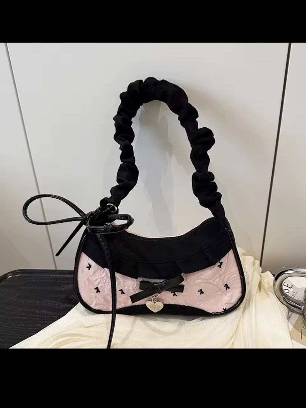 Black & Light Pink Women's Shoulder Bag with Bow Detail